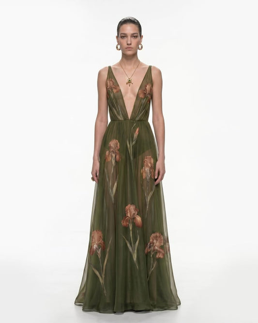 Sheer Floral Print Maxi Dress Olive, 6 US