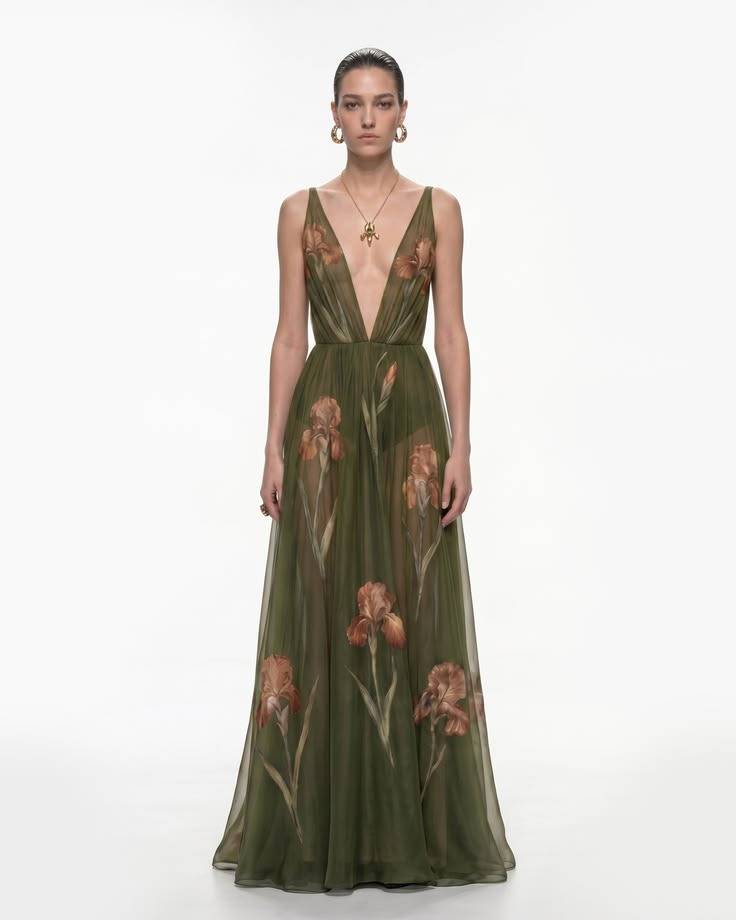 Sheer Floral Print Maxi Dress Olive, 6 US