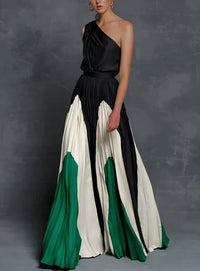 Mia | Mother of the Bride Dress One-Shoulder Color-Block Pleated Maxi Emerald Monochrome Elegance