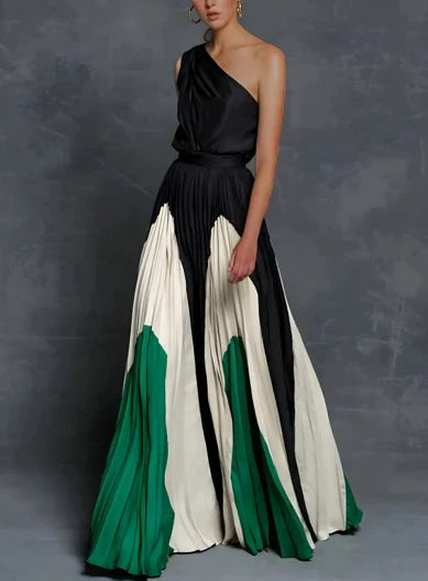Mia | Mother of the Bride Dress One-Shoulder Color-Block Pleated Maxi Emerald Monochrome Elegance