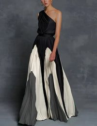 Mia | Mother of the Bride Dress One-Shoulder Color-Block Pleated Maxi Monochrome Wave Elegance
