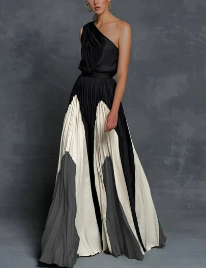 Mia | Mother of the Bride Dress One-Shoulder Color-Block Pleated Maxi Monochrome Wave Elegance