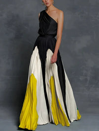 Mia | Mother of the Bride Dress One-Shoulder Color-Block Pleated Maxi Sunburst Monochrome Elegance