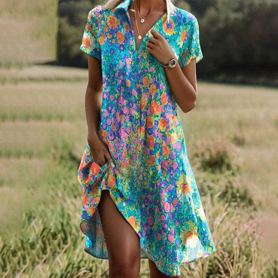 Chloe | Women's Boho Printed Short Sleeve Midi Dress Multicolor