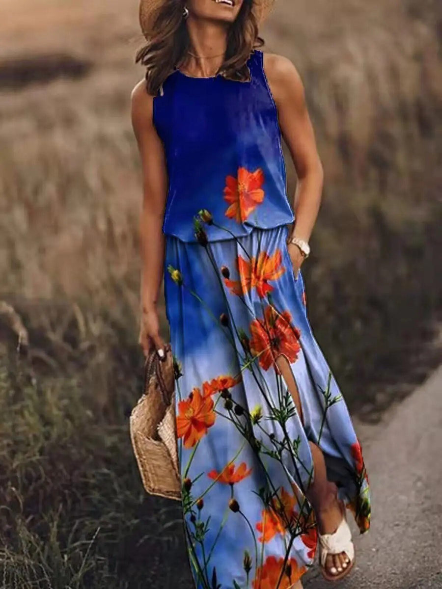 Layla | Sleeveless Maxi Dress Elastic Waist Bohemian Summer Blue