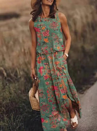 Layla | Sleeveless Maxi Dress Elastic Waist Bohemian Summer Light Green