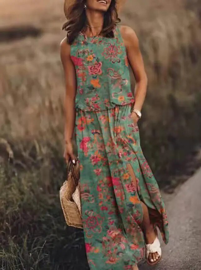 Layla | Sleeveless Maxi Dress Elastic Waist Bohemian Summer Light Green