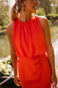 Scarlett | Sleeveless Midi Dress Round Neck Side Slit Orange