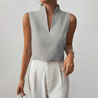 Camila | Sleeveless Striped V-Neck Blouse Stand Collar Gray