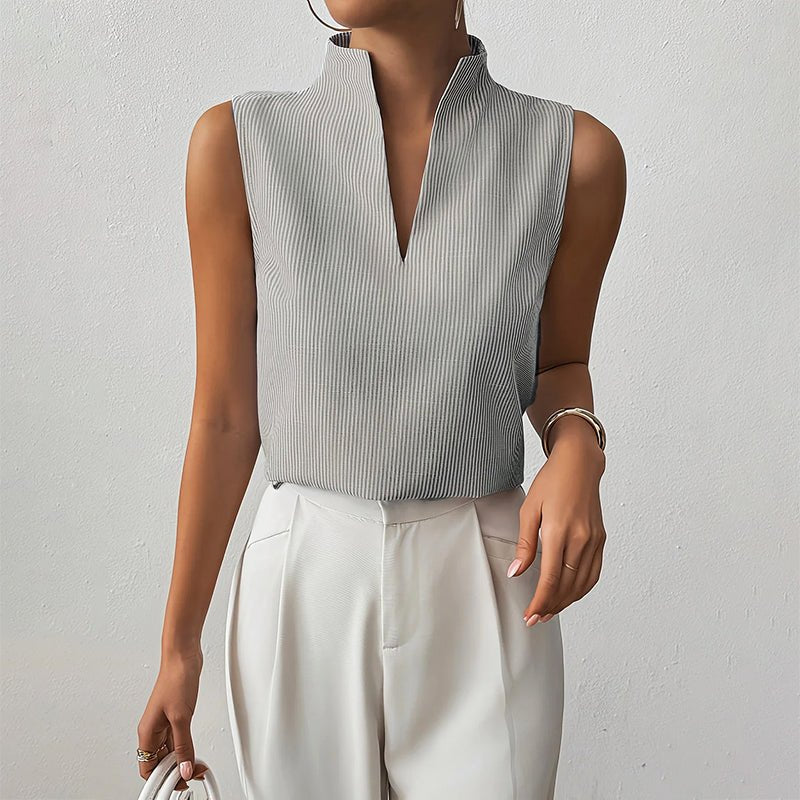 Camila | Sleeveless Striped V-Neck Blouse Stand Collar Gray