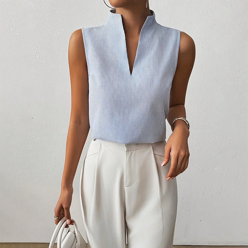 Camila | Sleeveless Striped V-Neck Blouse Stand Collar Blue