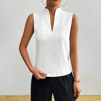 Camila | Sleeveless Striped V-Neck Blouse Stand Collar White