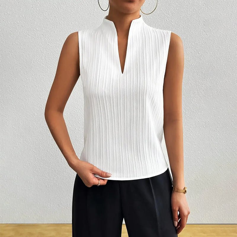 Camila | Sleeveless Striped V-Neck Blouse Stand Collar White