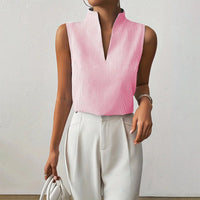 Camila | Sleeveless Striped V-Neck Blouse Stand Collar Pink
