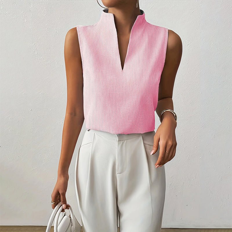 Camila | Sleeveless Striped V-Neck Blouse Stand Collar Pink