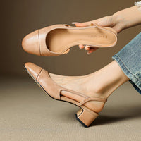 Eleanor | Slingback Pumps Genuine Leather Almond Toe Block Heel Apricot