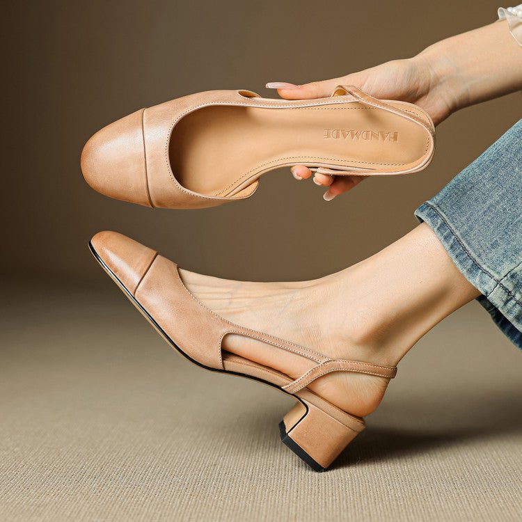 Eleanor | Slingback Pumps Genuine Leather Almond Toe Block Heel Apricot