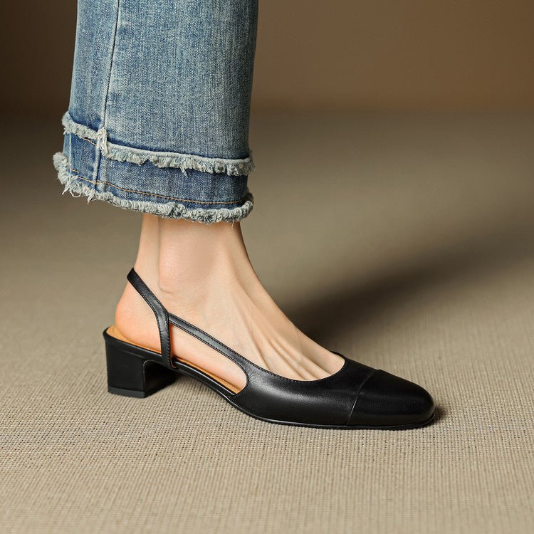 Eleanor | Slingback Pumps Genuine Leather Almond Toe Block Heel Black