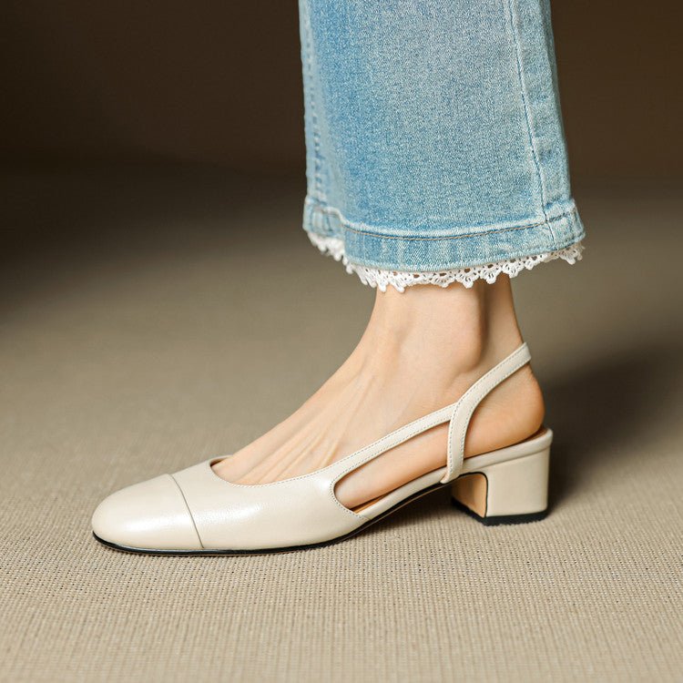 Eleanor | Slingback Pumps Genuine Leather Almond Toe Block Heel Beige