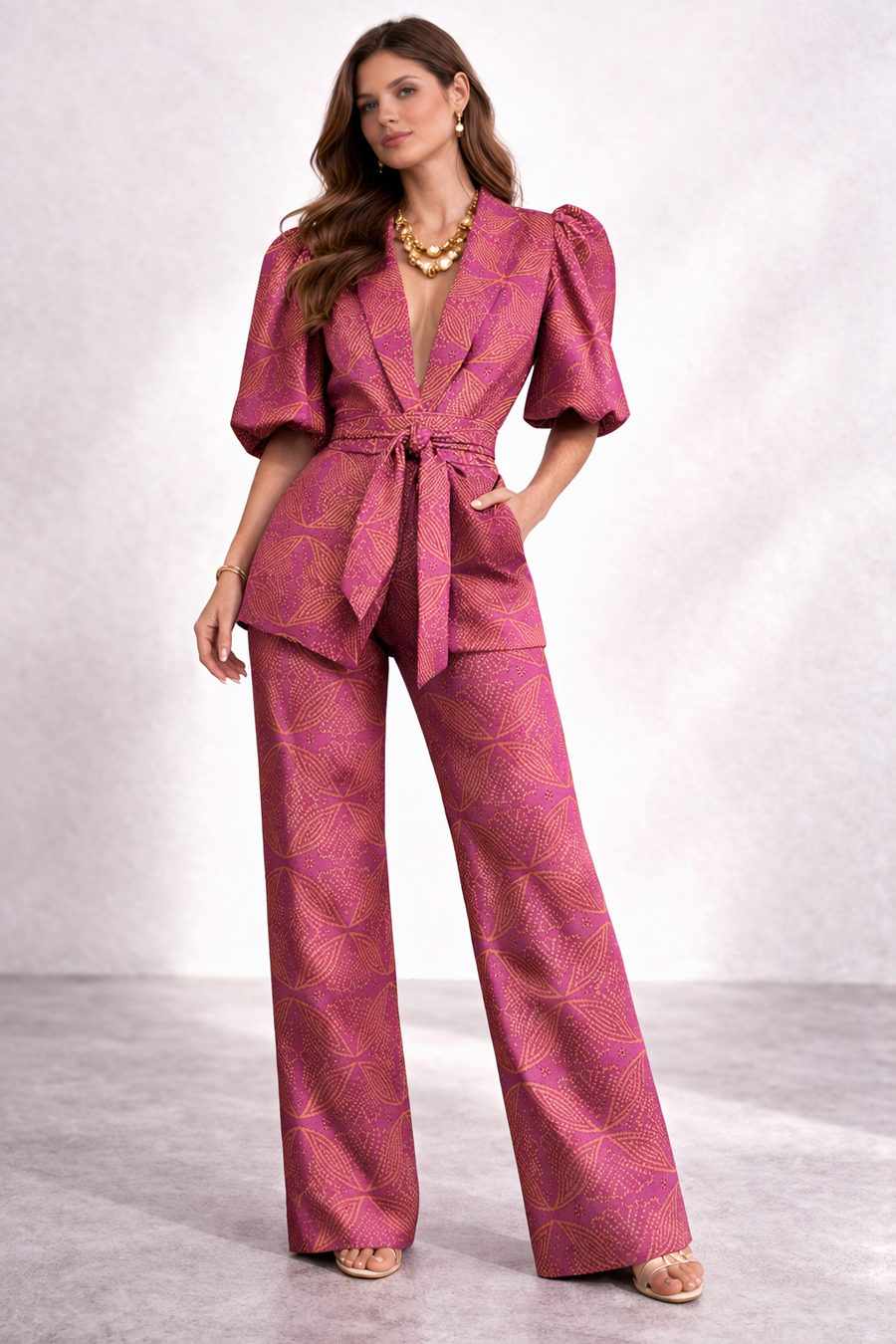 Solara | Women's Printed Puff Sleeve Two-Piece Pant Set