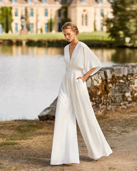 Solène | Women's V-Neck Flutter Sleeve Wide Leg Jumpsuit