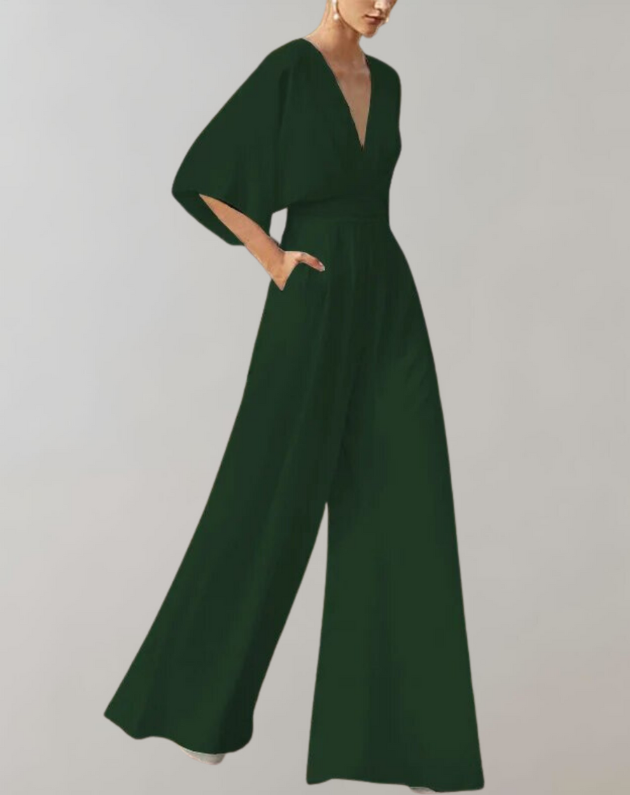 Solène | Women's V-Neck Flutter Sleeve Wide Leg Jumpsuit