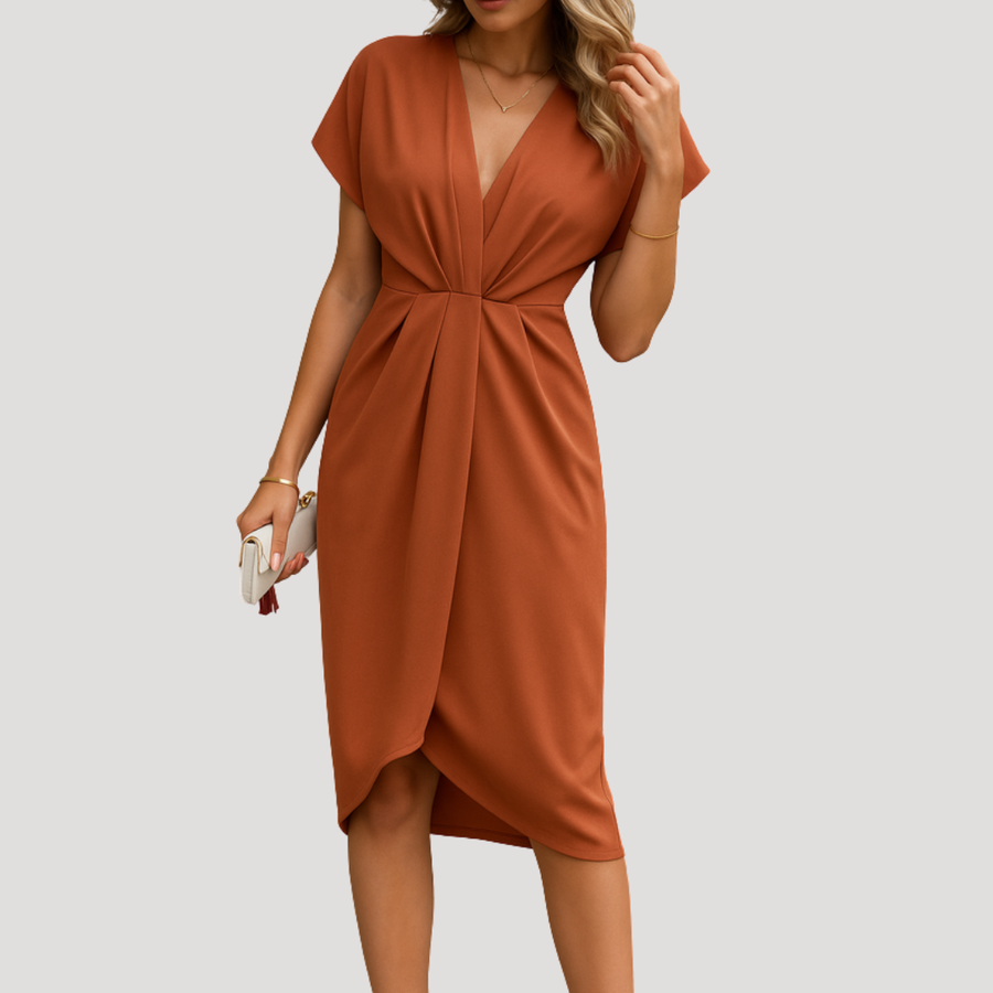Solvei | Women's V-Neck Twist Front Cap Sleeve Midi Dress