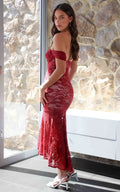Soriella Off Shoulder Overlay Detail High Low Frill Hem Lace Maxi