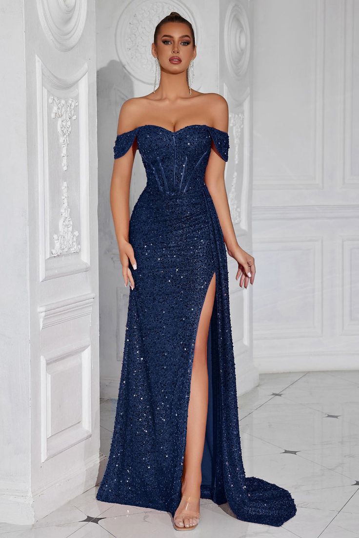 Sparkly Burgundy Corset Sequin Off The Shoulder Long Prom Dress With
