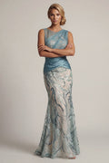 Sparkly Lake Blue Long Sequin Ruched Mermaid Mother Of The Bride Dress