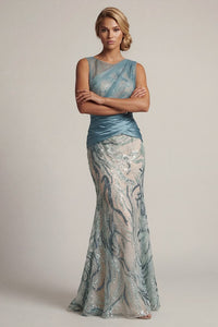 Sparkly Lake Blue Long Sequin Ruched Mermaid Mother Of The Bride Dress