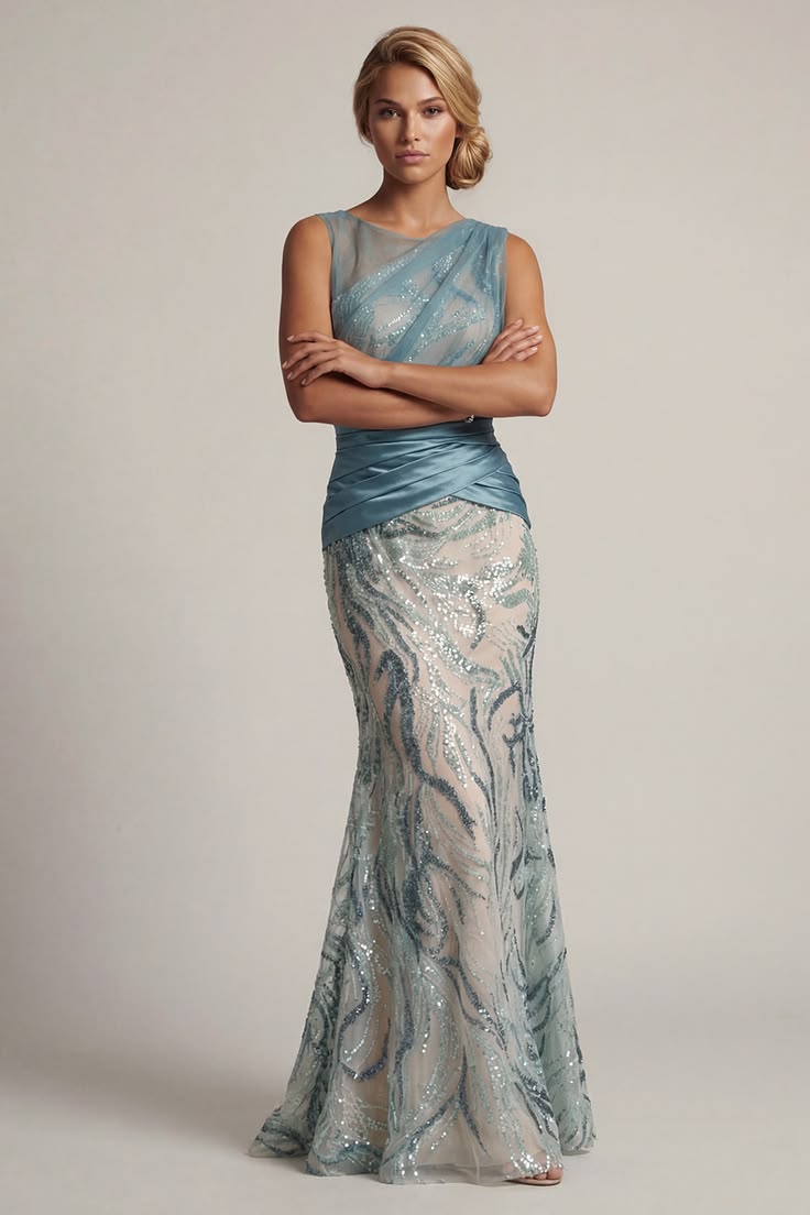 Sparkly Lake Blue Long Sequin Ruched Mermaid Mother Of The Bride Dress