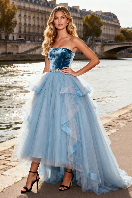 Sparkly Sky Blue Velvet Tulle A Line Long Prom Dress With Ruffles Sky