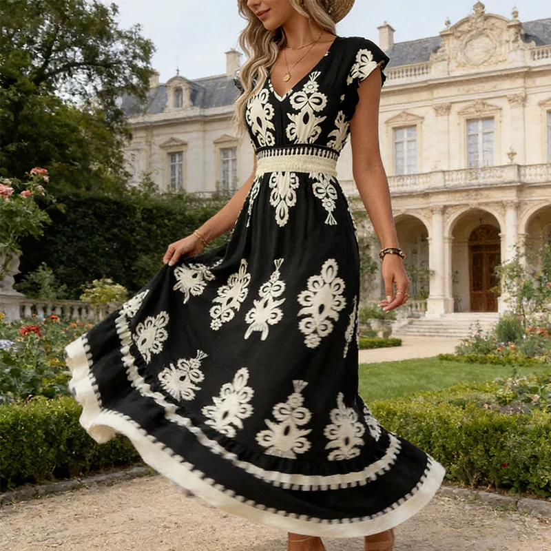 Serenella – Baroque Maxi Dress with V-Neckline