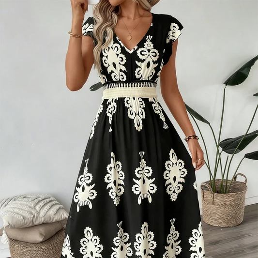 Serenella – Baroque Maxi Dress with V-Neckline