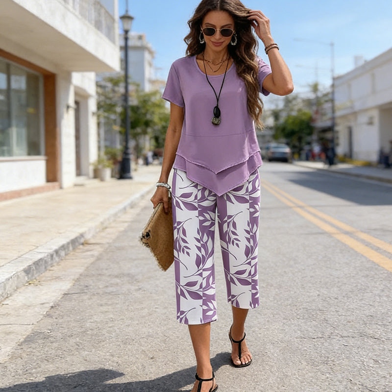 Mollie - Asymmetrical Layered Casual Two-Piece Set with Printed Trousers
