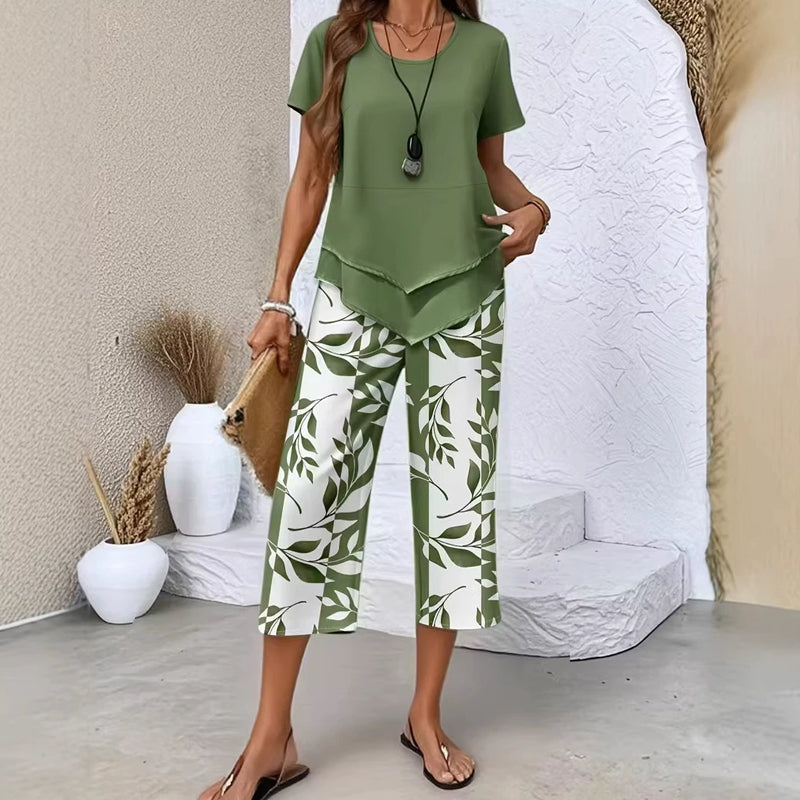 Mollie - Asymmetrical Layered Casual Two-Piece Set with Printed Trousers