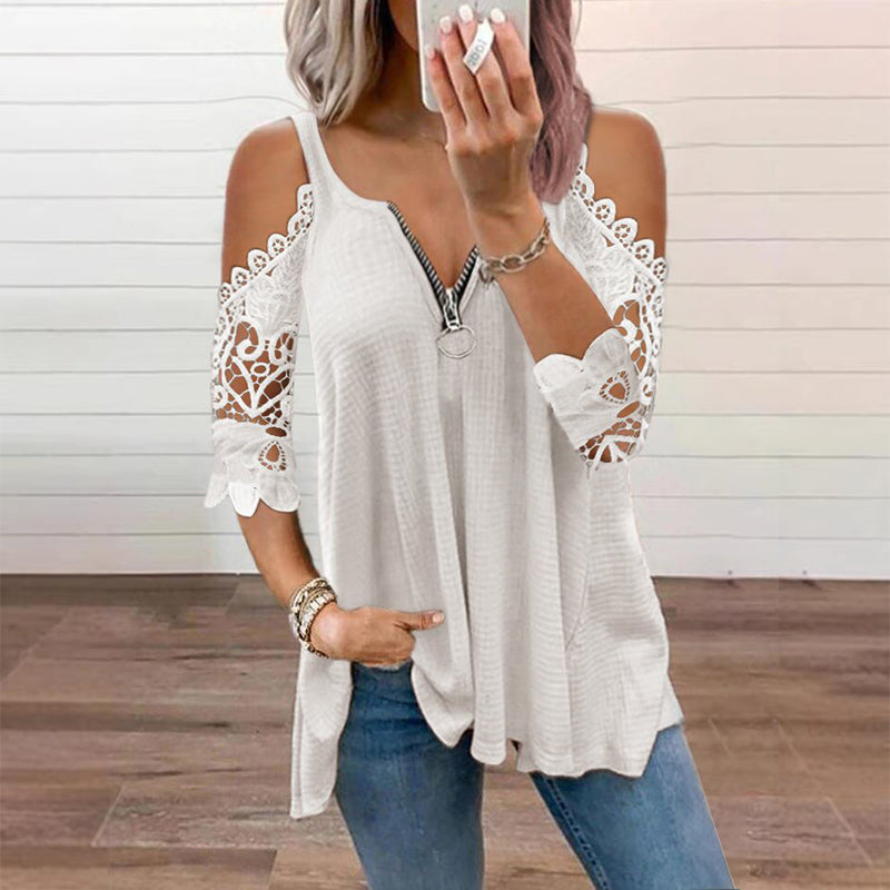 Elena - Lace Cold-Shoulder V-Neck Top
