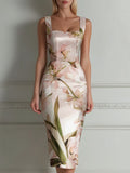 Square Neck Floral Print Fitted Sheath Midi Dress Pink S(4 6)