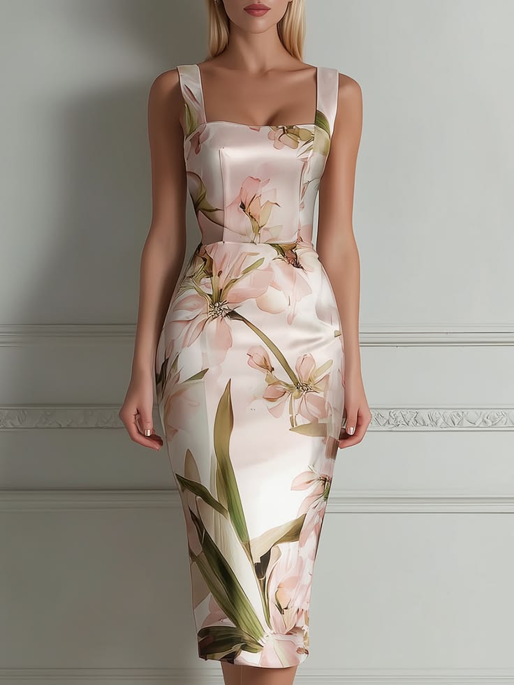 Square Neck Floral Print Fitted Sheath Midi Dress Pink S(4 6)