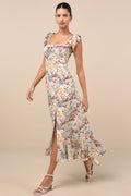 Summer Invite White Multi Floral Tie Strap Tiered Midi Dress