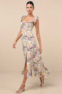 Summer Invite White Multi Floral Tie Strap Tiered Midi Dress