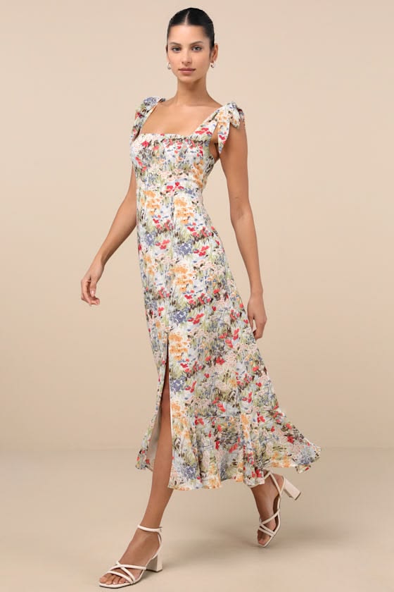 Summer Invite White Multi Floral Tie Strap Tiered Midi Dress