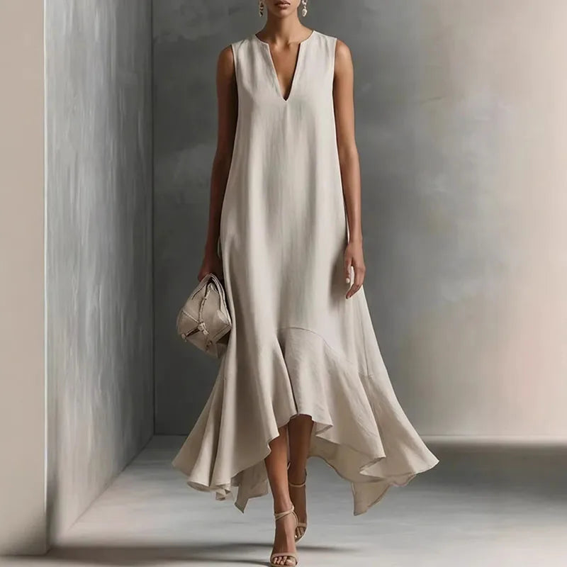Sylvana | Women's V-Neck Sleeveless Ruffle Hem Midi Dress