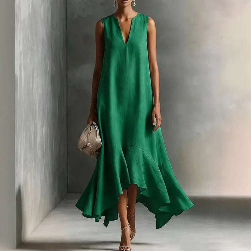 Sylvana | Women's V-Neck Sleeveless Ruffle Hem Midi Dress