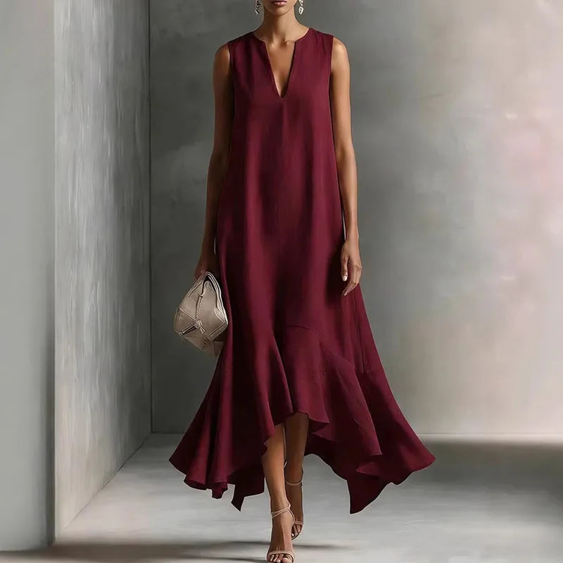 Sylvana | Women's V-Neck Sleeveless Ruffle Hem Midi Dress