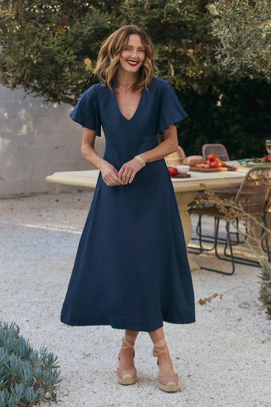 Tatum Linen Flutter Sleeve Dress In Navy