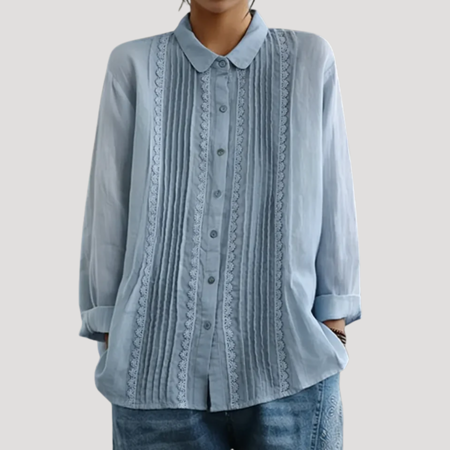 Théa | Women's Collared Pleated Lace Trim Long Sleeve Blouse