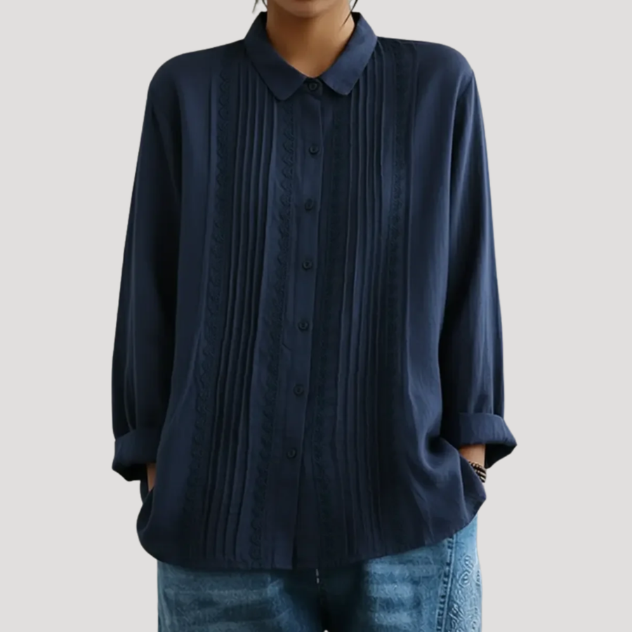 Théa | Women's Collared Pleated Lace Trim Long Sleeve Blouse