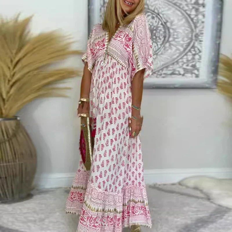 Theodora | Women's Boho Short Sleeve Paisley Tassel Maxi Dress